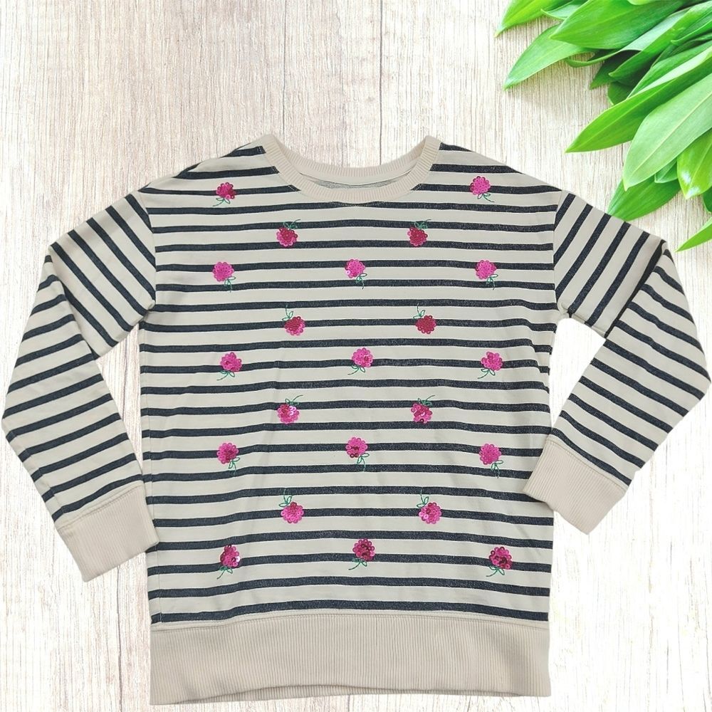 Gap Girls Pullover Sweater Medium 8 Beige Navy Long Sleeve Striped Sequin Cotton